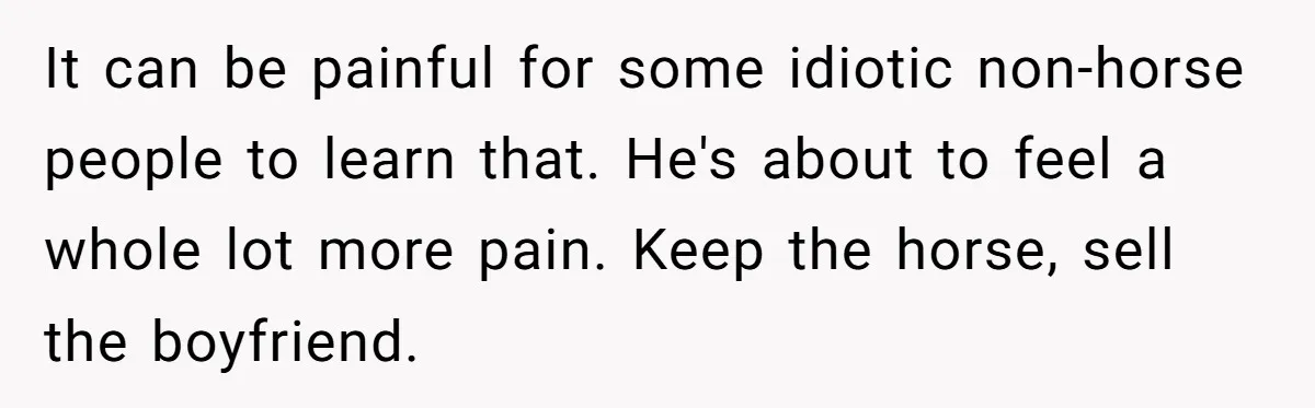 It can be painful for some idiotic non-horse people to learn that. He's about to feel a whole lot more pain. Keep the horse, sell the boyfriend.