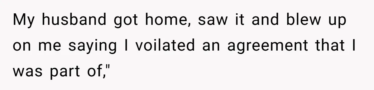 My husband got home, saw it and blew up on me saying I voilated an agreement that I was part of,"