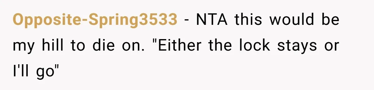 Opposite-Spring3533 − NTA this would be my hill to die on. "Either the lock stays or I'll go"