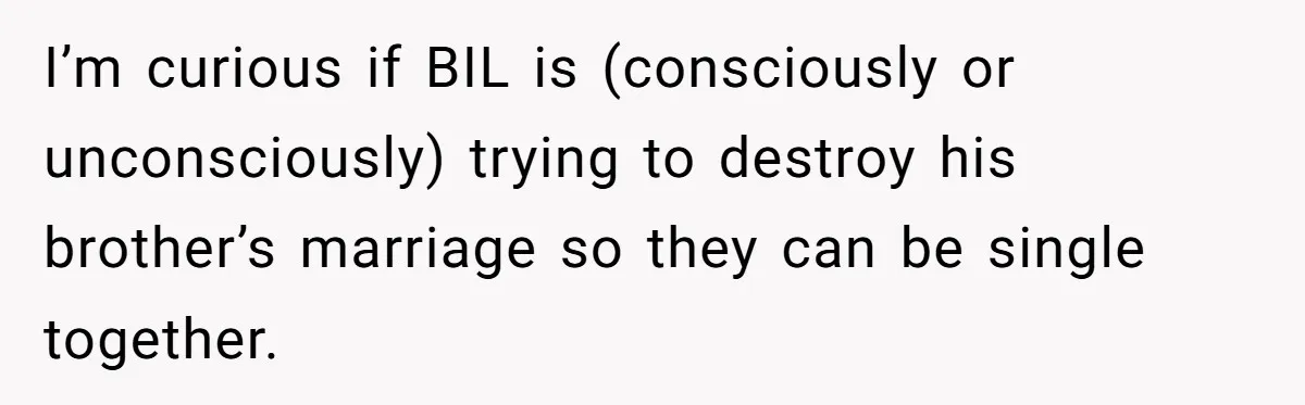 I’m curious if BIL is (consciously or unconsciously) trying to destroy his brother’s marriage so they can be single together.