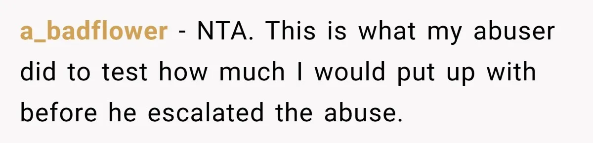 a_badflower − NTA. This is what my abuser did to test how much I would put up with before he escalated the abuse.