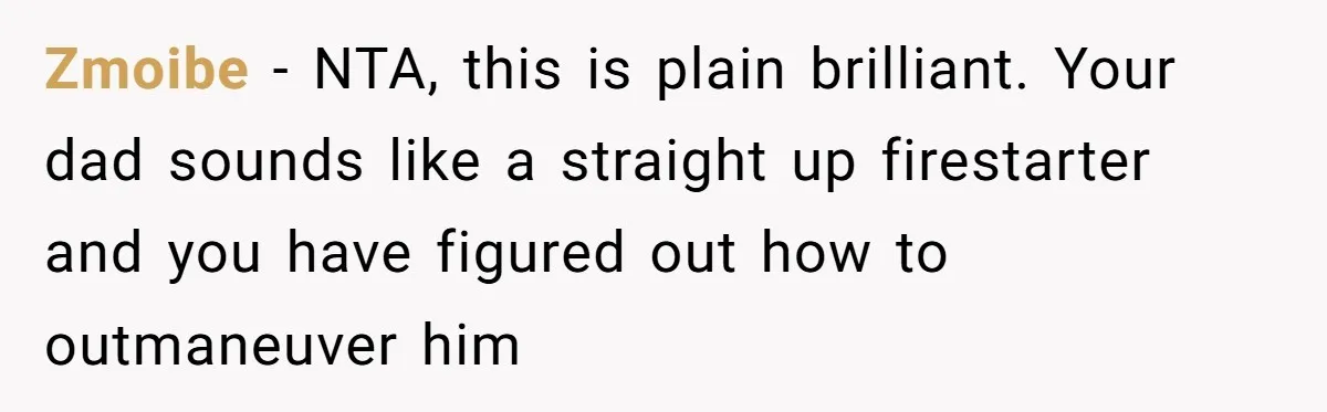 Zmoibe − NTA, this is plain brilliant. Your dad sounds like a straight up firestarter and you have figured out how to outmaneuver him