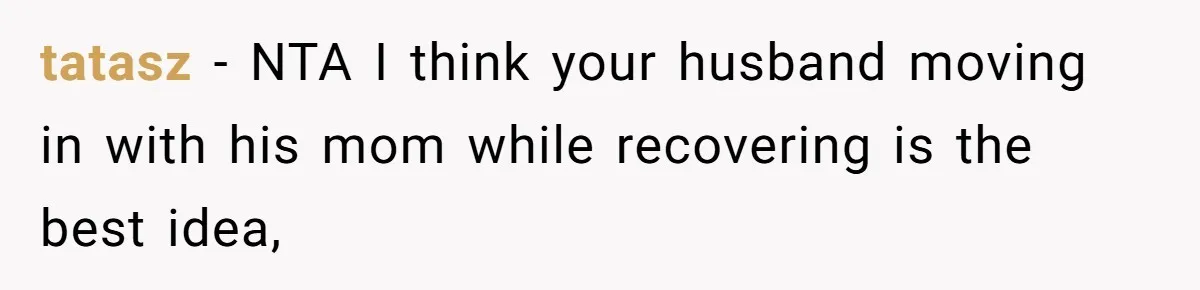 tatasz − NTA I think your husband moving in with his mom while recovering is the best idea,