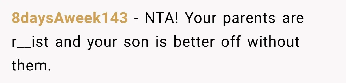 8daysAweek143 − NTA! Your parents are r__ist and your son is better off without them.