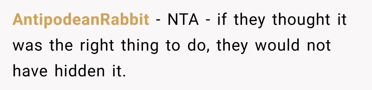 AntipodeanRabbit − NTA - if they thought it was the right thing to do, they would not have hidden it.