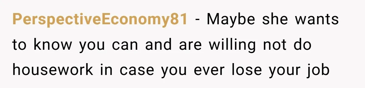 PerspectiveEconomy81 − Maybe she wants to know you can and are willing not do housework in case you ever lose your job
