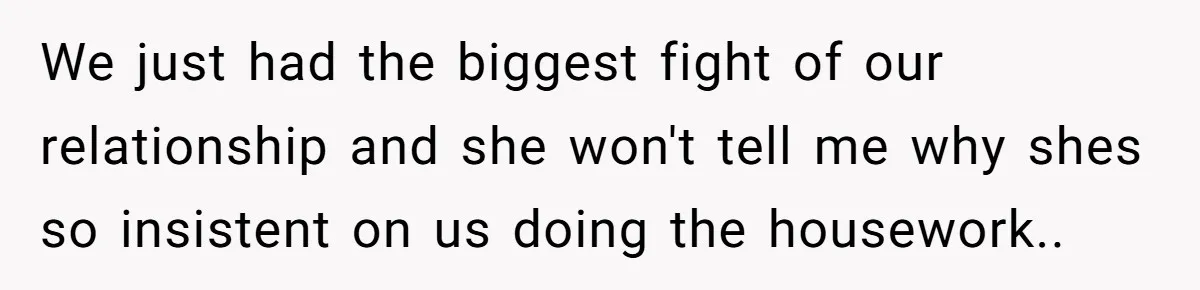 We just had the biggest fight of our relationship and she won't tell me why shes so insistent on us doing the housework..