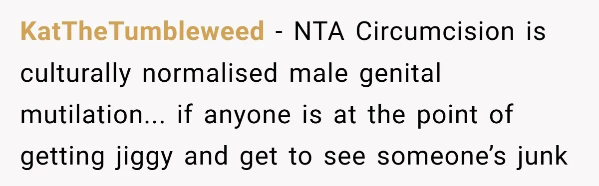 KatTheTumbleweed − NTA Circumcision is culturally normalised male genital mutilation... if anyone is at the point of getting jiggy and get to see someone’s junk