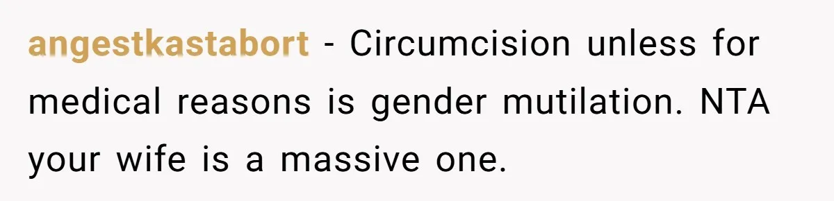 angestkastabort − Circumcision unless for medical reasons is gender mutilation. NTA your wife is a massive one.