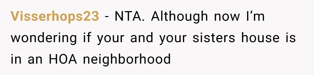 Visserhops23 − NTA. Although now I’m wondering if your and your sisters house is in an HOA neighborhood
