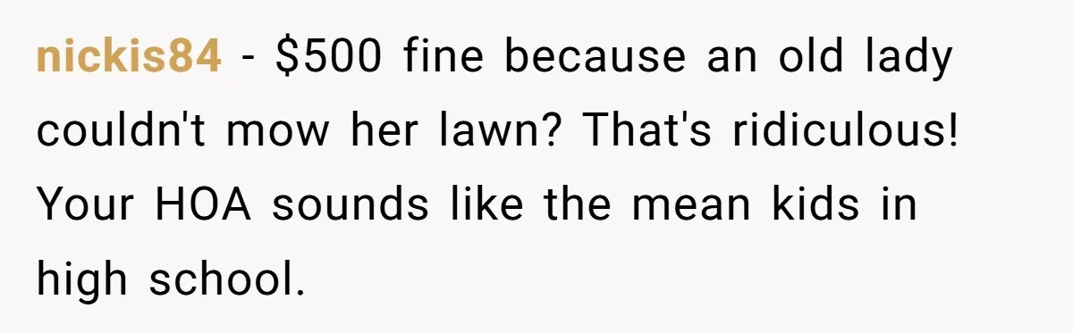 nickis84 − $500 fine because an old lady couldn't mow her lawn? That's ridiculous! Your HOA sounds like the mean kids in high school.