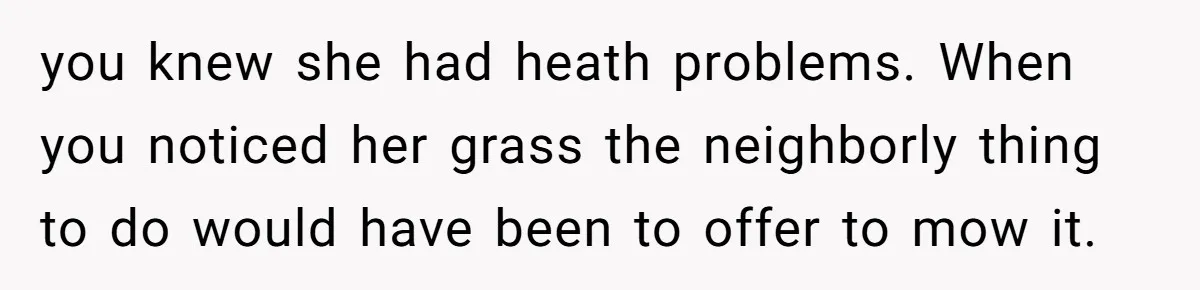 you knew she had heath problems. When you noticed her grass the neighborly thing to do would have been to offer to mow it.