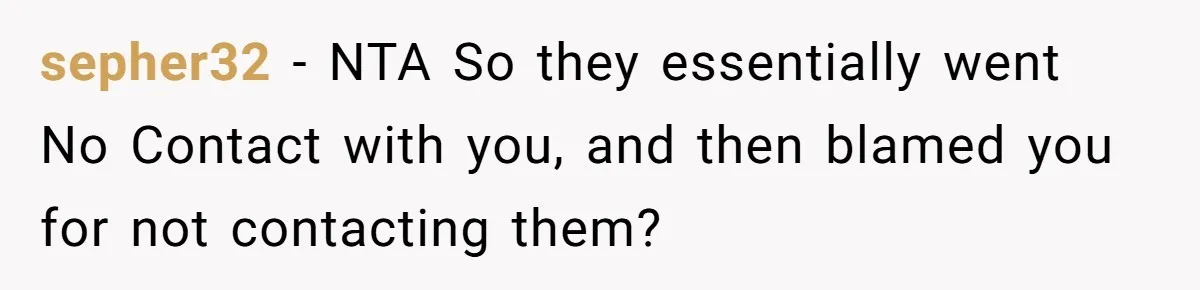 sepher32 − NTA So they essentially went No Contact with you, and then blamed you for not contacting them?