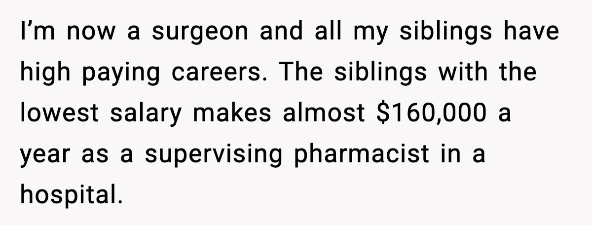 I’m now a surgeon and all my siblings have high paying careers. The siblings with the lowest salary makes almost $160,000 a year as a supervising pharmacist in a hospital.
