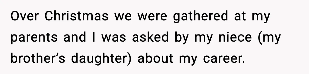 Over Christmas we were gathered at my parents and I was asked by my niece (my brother’s daughter) about my career.