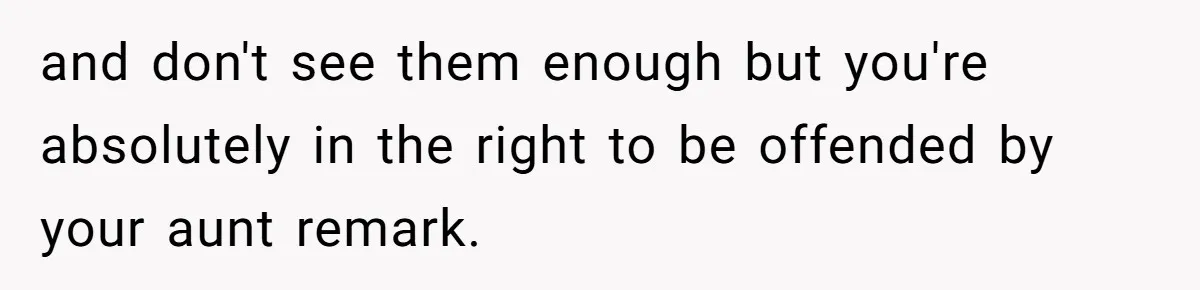 and don't see them enough but you're absolutely in the right to be offended by your aunt remark.