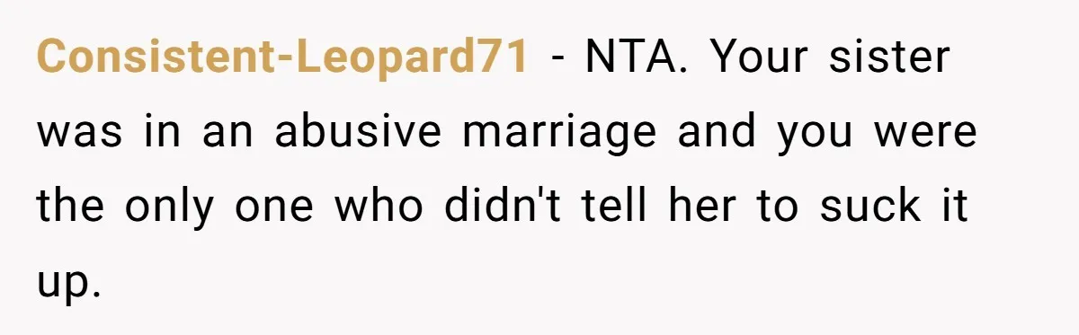 Consistent-Leopard71 − NTA. Your sister was in an abusive marriage and you were the only one who didn't tell her to suck it up.