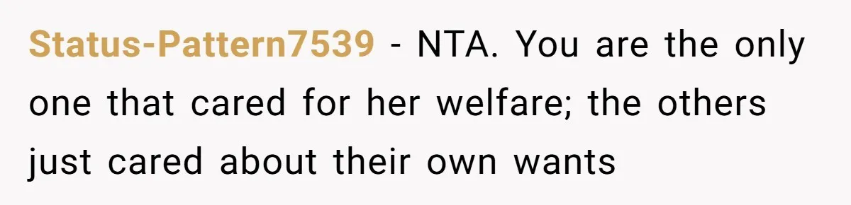 Status-Pattern7539 − NTA. You are the only one that cared for her welfare; the others just cared about their own wants