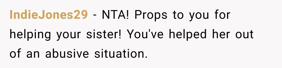 IndieJones29 − NTA! Props to you for helping your sister! You've helped her out of an abusive situation.