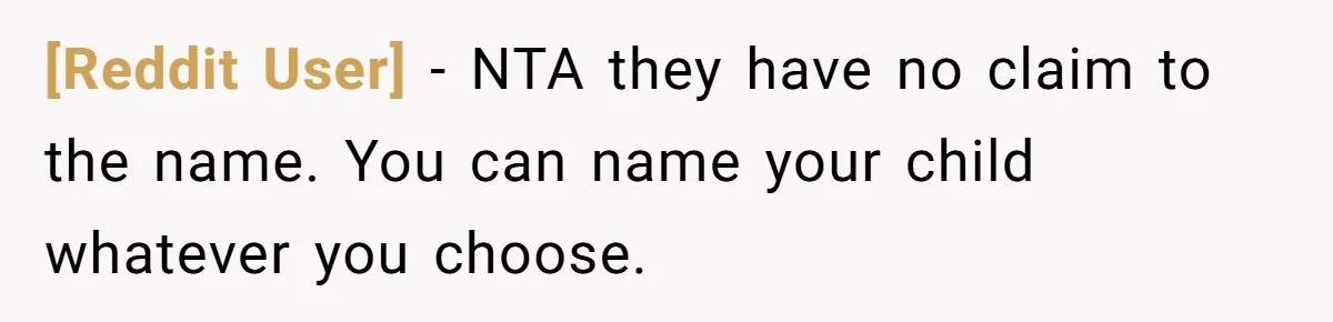 [Reddit User] − NTA they have no claim to the name. You can name your child whatever you choose.