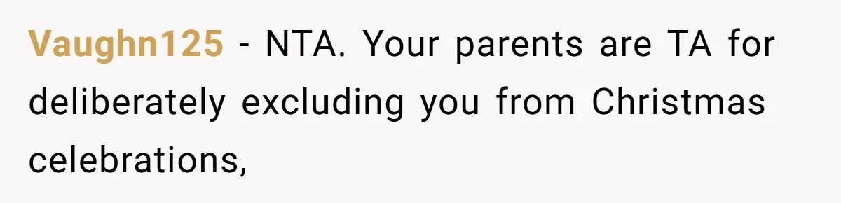 Vaughn125 − NTA. Your parents are TA for deliberately excluding you from Christmas celebrations,