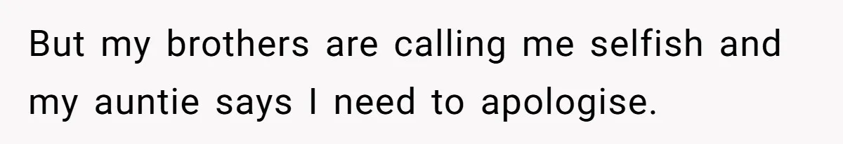 But my brothers are calling me selfish and my auntie says I need to apologise.