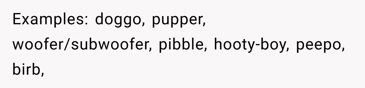 Examples: doggo, pupper, woofer/subwoofer, pibble, hooty-boy, peepo, birb,