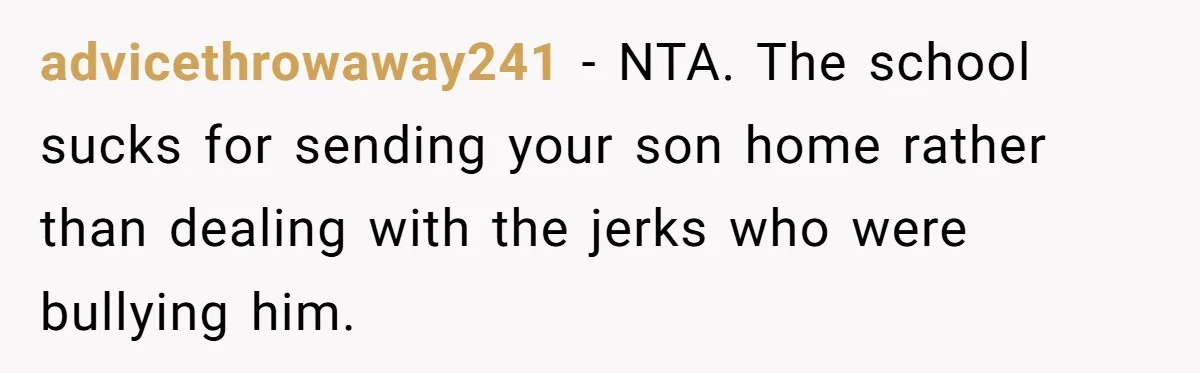 advicethrowaway241 − NTA. The school sucks for sending your son home rather than dealing with the jerks who were bullying him.