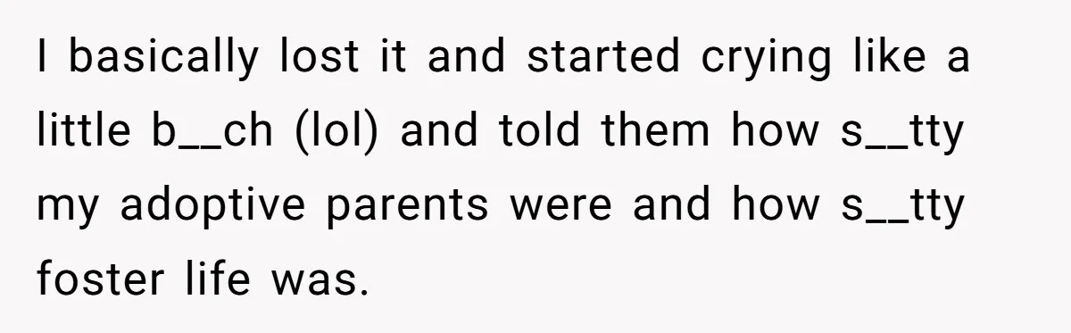 I basically lost it and started crying like a little b__ch (lol) and told them how s__tty my adoptive parents were and how s__tty foster life was.