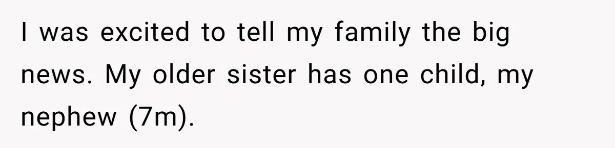 I was excited to tell my family the big news. My older sister has one child, my nephew (7m).