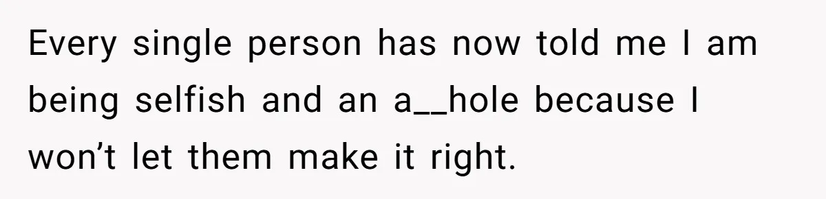 Every single person has now told me I am being selfish and an a__hole because I won’t let them make it right.