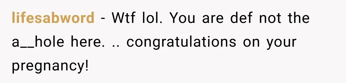 lifesabword − Wtf lol. You are def not the a__hole here. .. congratulations on your pregnancy!