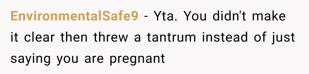 EnvironmentalSafe9 − Yta. You didn't make it clear then threw a tantrum instead of just saying you are pregnant