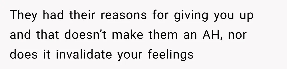 They had their reasons for giving you up and that doesn’t make them an AH, nor does it invalidate your feelings