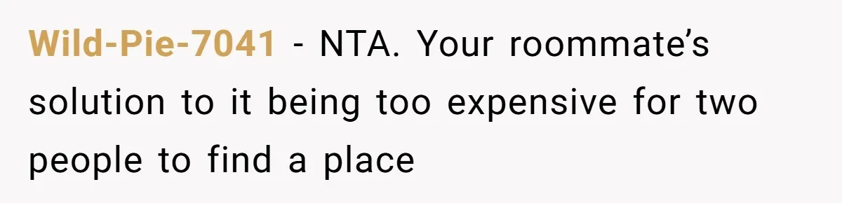 Wild-Pie-7041 − NTA. Your roommate’s solution to it being too expensive for two people to find a place