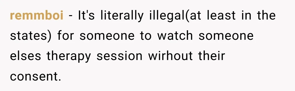remmboi − It's literally illegal(at least in the states) for someone to watch someone elses therapy session wirhout their consent.
