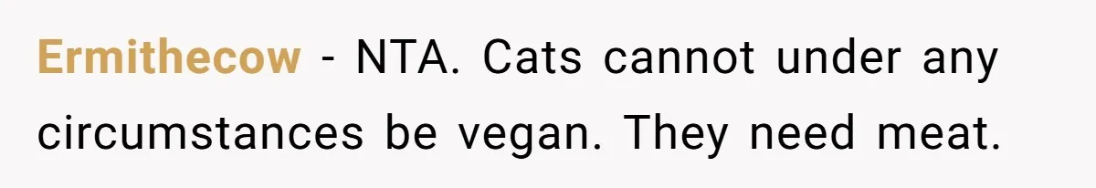 MIL Accuses Woman Of Cruelty After She Defends Cat’s Meat Diet Ermithecow − NTA. Cats cannot under any circumstances be vegan. They need meat.