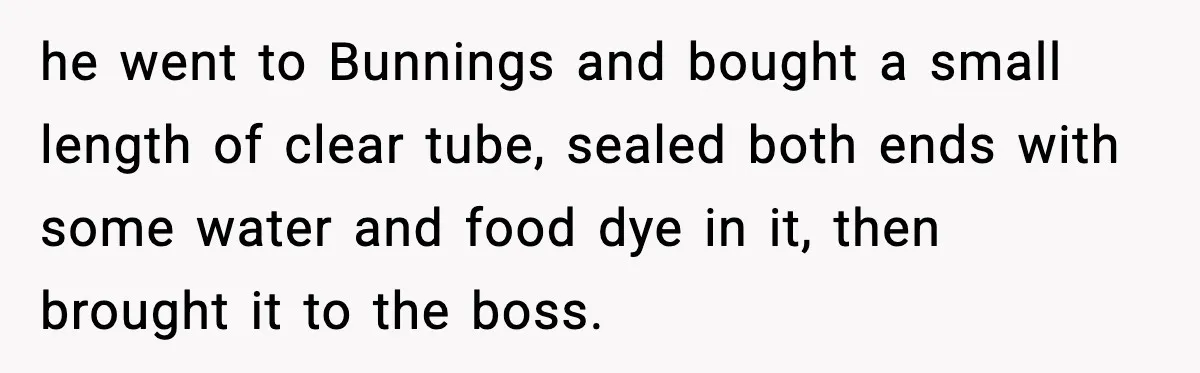 he went to Bunnings and bought a small length of clear tube, sealed both ends with some water and food dye in it, then brought it to the boss.