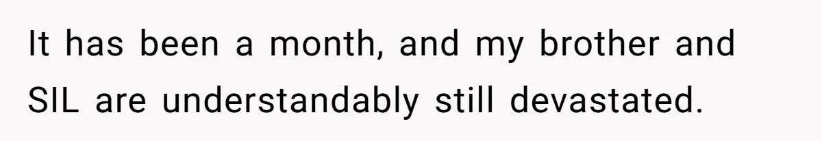 It has been a month, and my brother and SIL are understandably still devastated.