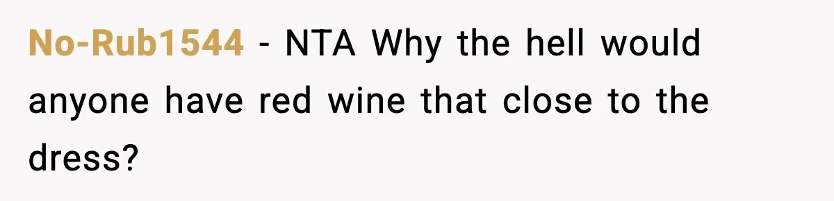 No-Rub1544 − NTA Why the hell would anyone have red wine that close to the dress?