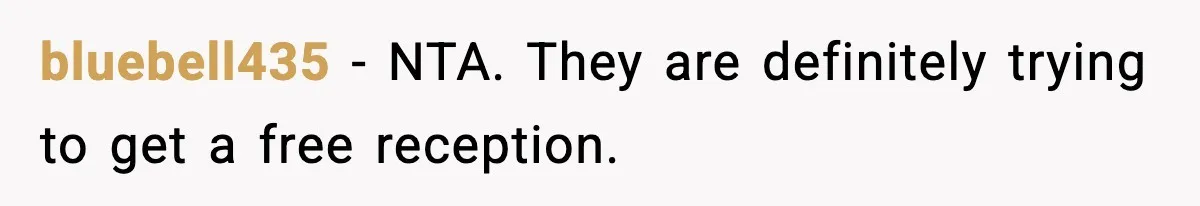 bluebell435 − NTA. They are definitely trying to get a free reception.