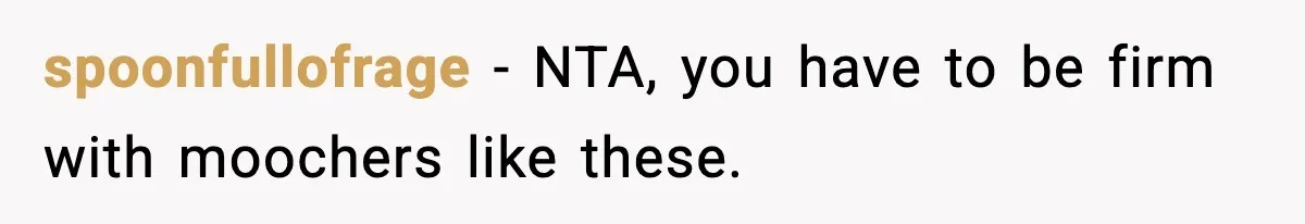 spoonfullofrage − NTA, you have to be firm with moochers like these.