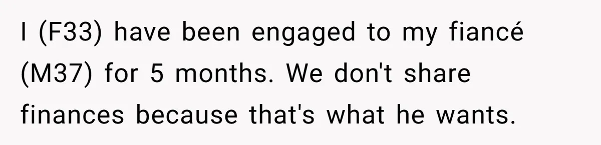 I (F33) have been engaged to my fiancé (M37) for 5 months. We don't share finances because that's what he wants.