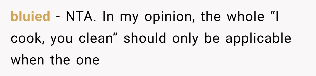 bluied − NTA. In my opinion, the whole “I cook, you clean” should only be applicable when the one