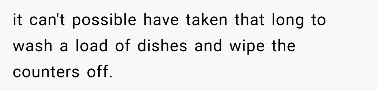 it can't possible have taken that long to wash a load of dishes and wipe the counters off.