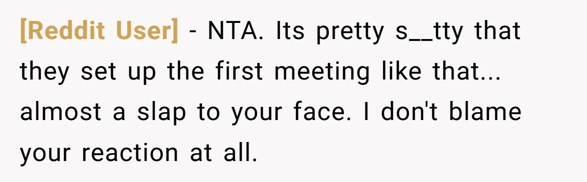 [Reddit User] − NTA. Its pretty s__tty that they set up the first meeting like that... almost a slap to your face. I don't blame your reaction at all.