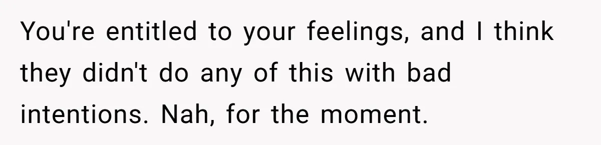 You're entitled to your feelings, and I think they didn't do any of this with bad intentions. Nah, for the moment.