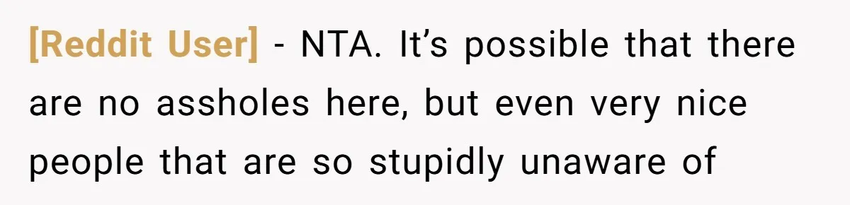[Reddit User] − NTA. It’s possible that there are no assholes here, but even very nice people that are so stupidly unaware of