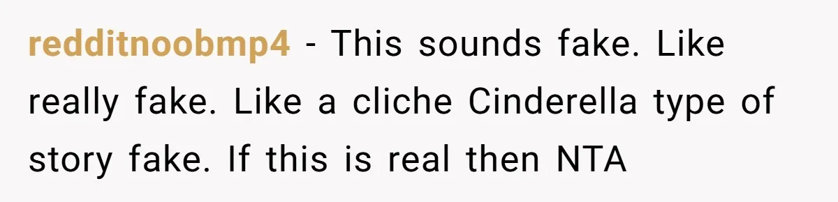 redditnoobmp4 − This sounds fake. Like really fake. Like a cliche Cinderella type of story fake. If this is real then NTA