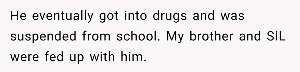Aunt Lets Nephew Call Her Mom After His Own Parents “Got Rid” Of Him He eventually got into drugs and was suspended from school. My brother and SIL were fed up with him.
